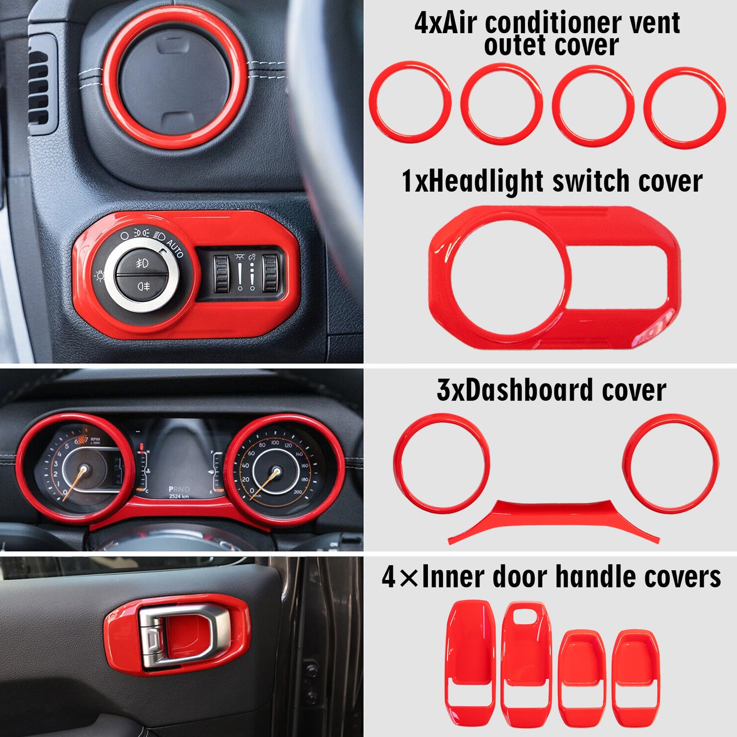 ETL INDUSTRIES 21PCS Interior Decoration Trim Kit for Jeep Wrangler JL JLU Gladiator JT 2018-2023, Steering Wheel Door Handle Dashboard Panel Reading Light Headlight Outlet Vent Trim Covers