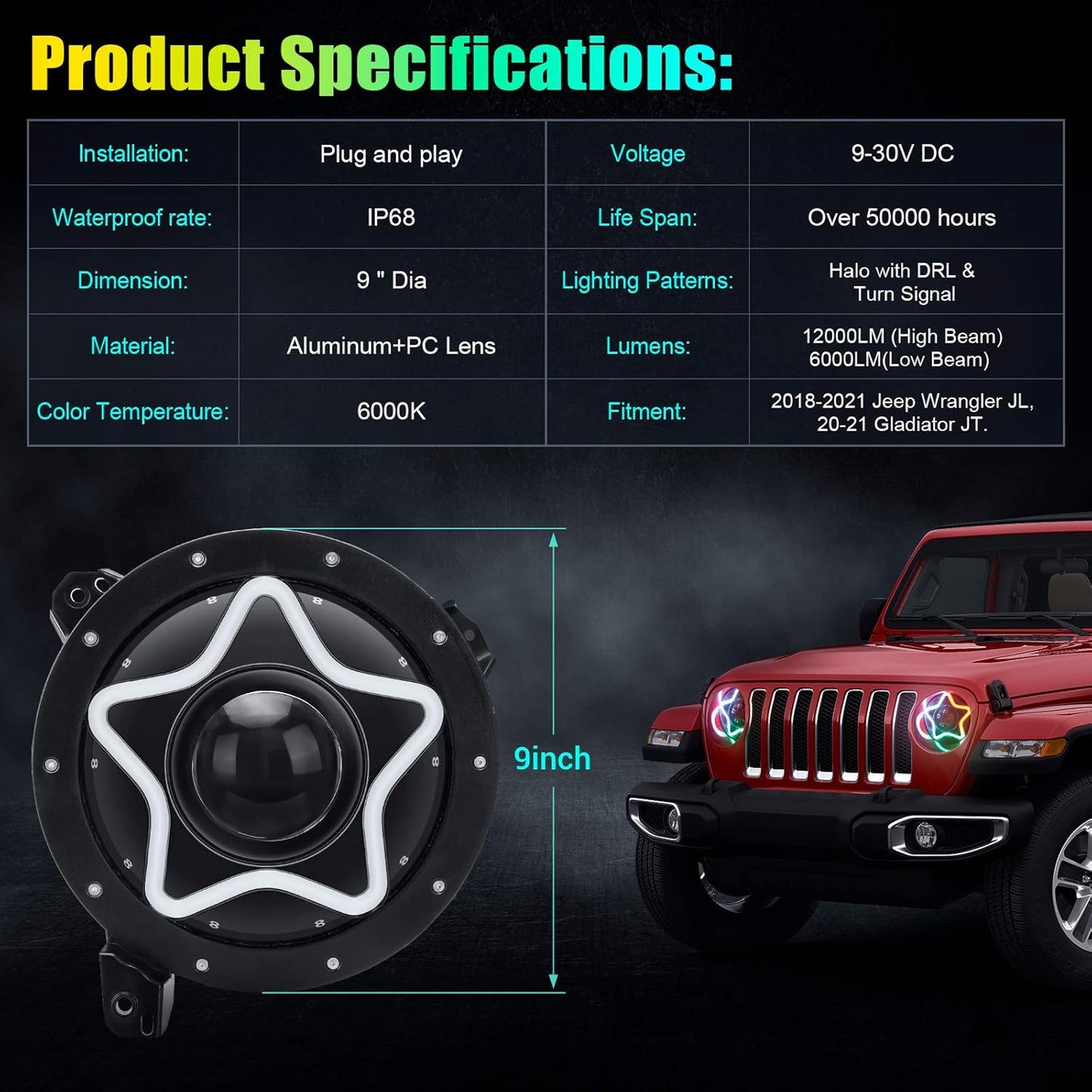9 Inch Headlight RGB Halo Led Round with Amber Turn Signal,Star Shape Chasing Headlights Compatible with Gladiator JT 2018-2020 Wrangler JL JLU Sahara Rubicon
