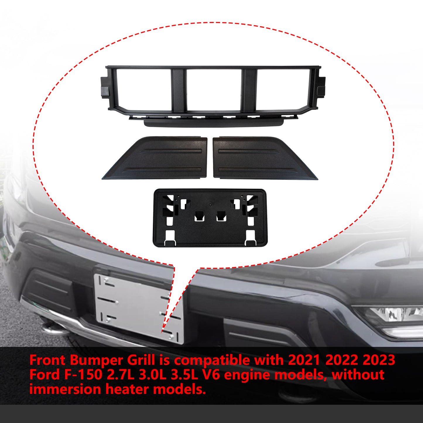 ETL INDUSTRIES Front Bumper Grille, Guards Pads & License Plate Frame Bracket Kit Compatible with Ford F-150 2021-2023 Lower Center Cover Spacer Panel, ML3Z17B968BB ML3Z17B968BA