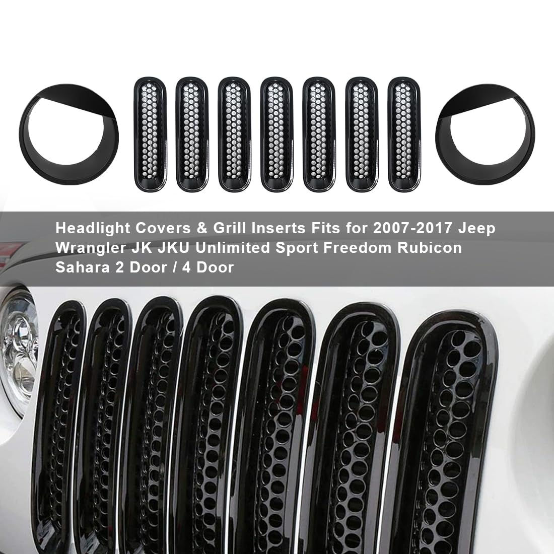 ETL INDUSTRIES Front Mesh Grille Cover Guard Clip-in & Headlight Cover Fits 2007-2017 for Jeep Wrangler JK JKU - Angry Bird Headlight Bezels Trim & Grille Mesh Inserts
