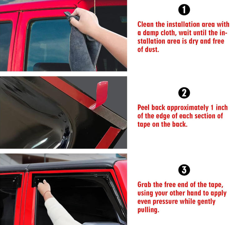 Side Window Visor Deflectors Rain Guards for Jeep Wrangler JK JKU 2007-2018 4-Door, Tape on Wind Guards