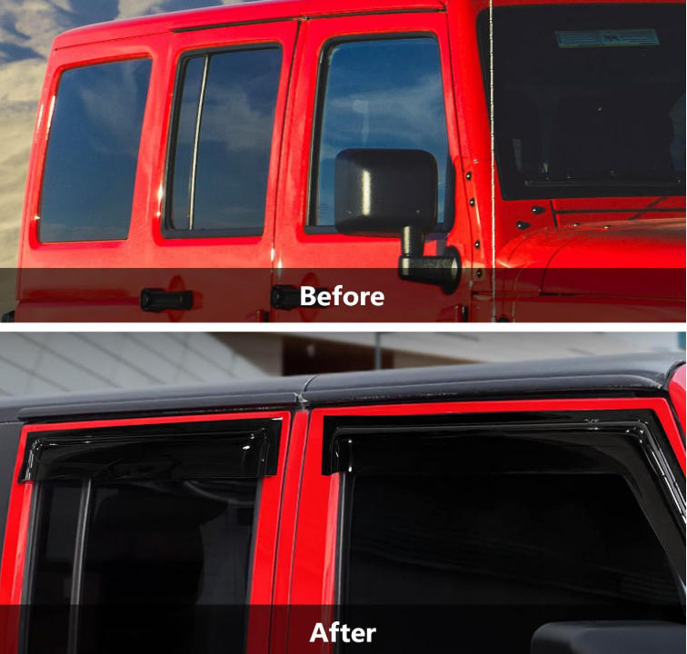 Side Window Visor Deflectors Rain Guards for Jeep Wrangler JK JKU 2007-2018 4-Door, Tape on Wind Guards