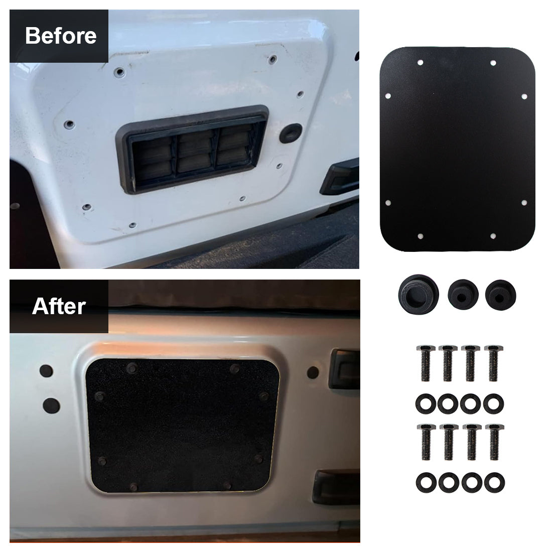 ETL INDUSTRIES Aluminum Spare Tire Carrier Delete Filler Plate Flat Tailgate Vent Cover & Tailgate Frame Rubber Plug with Bolts Fits 2007-2017 for Jeep Wrangler JK & JKU