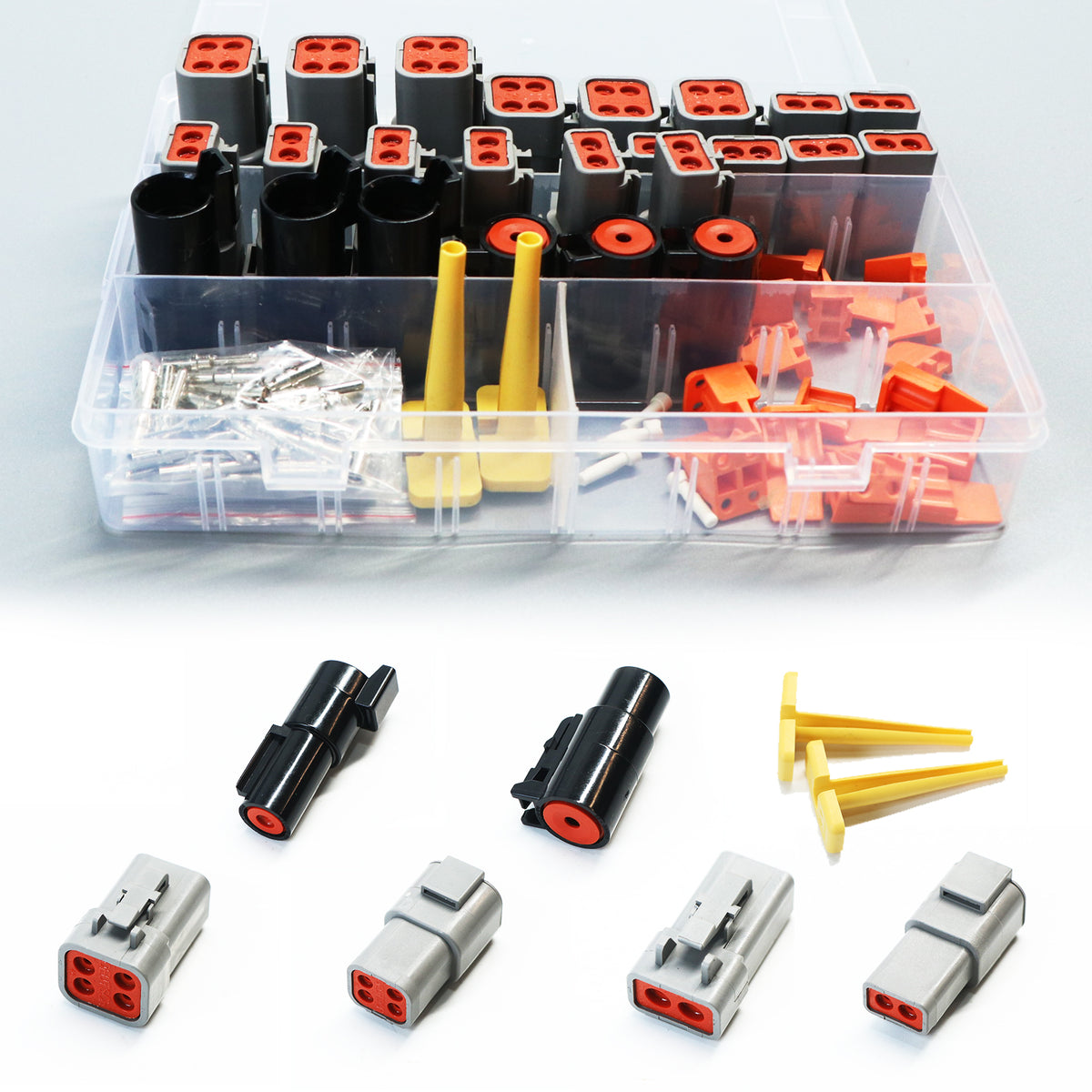 Deutsch DTP DTHD Connector Kit – 1 2 4 Pin, 12-16AWG Solid Pins, Waterproof, with Removal Tool (102 Pcs)