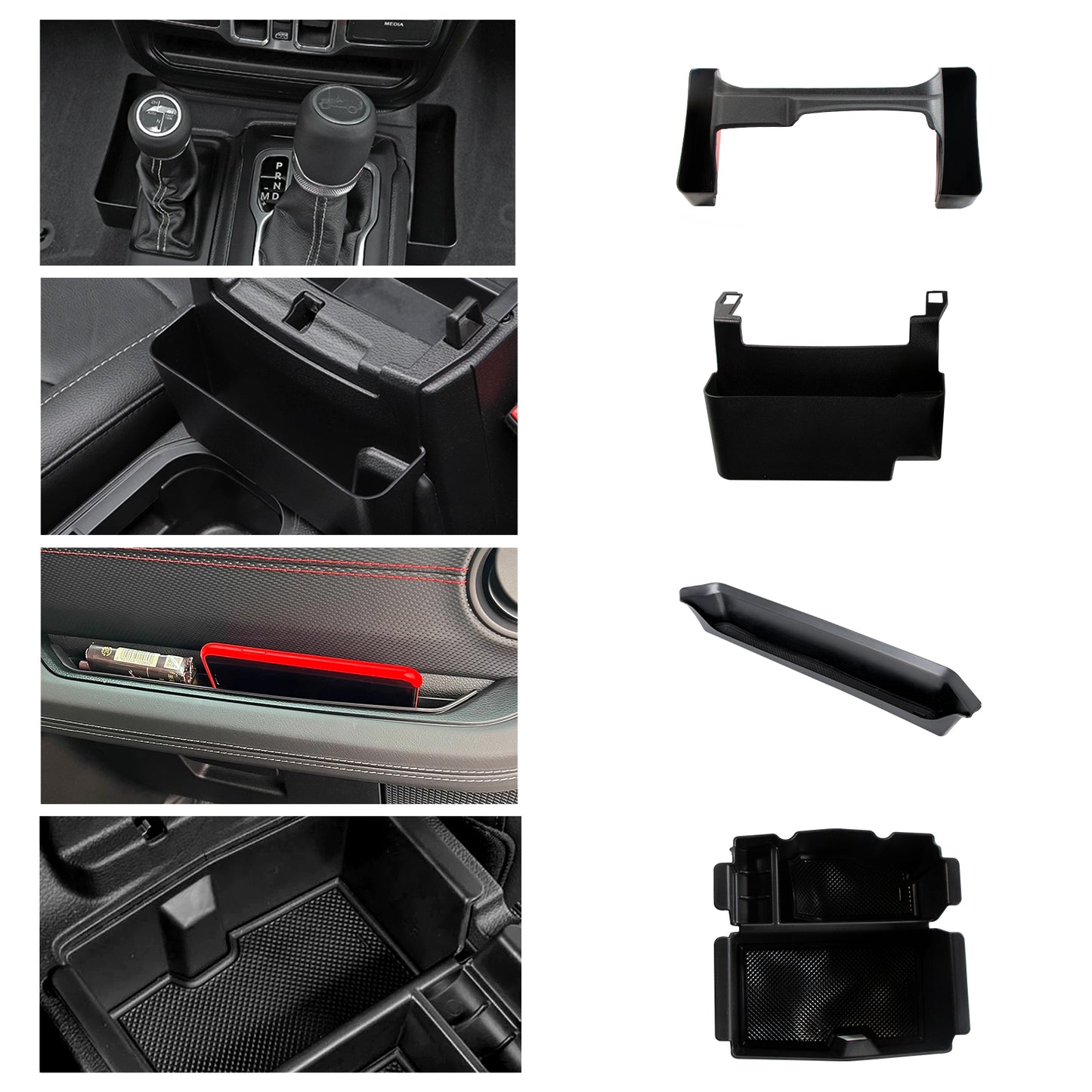 ETL INDUSTRIES 4PCS Center Console Organizer Storage Box for 2024 2025 Jeep Wrangler JL JLU 4XE and Gladiator JT, Gear Shift Console Tray Organizer, Hanging Armrest Storage Box, Co-Pilot Organizer