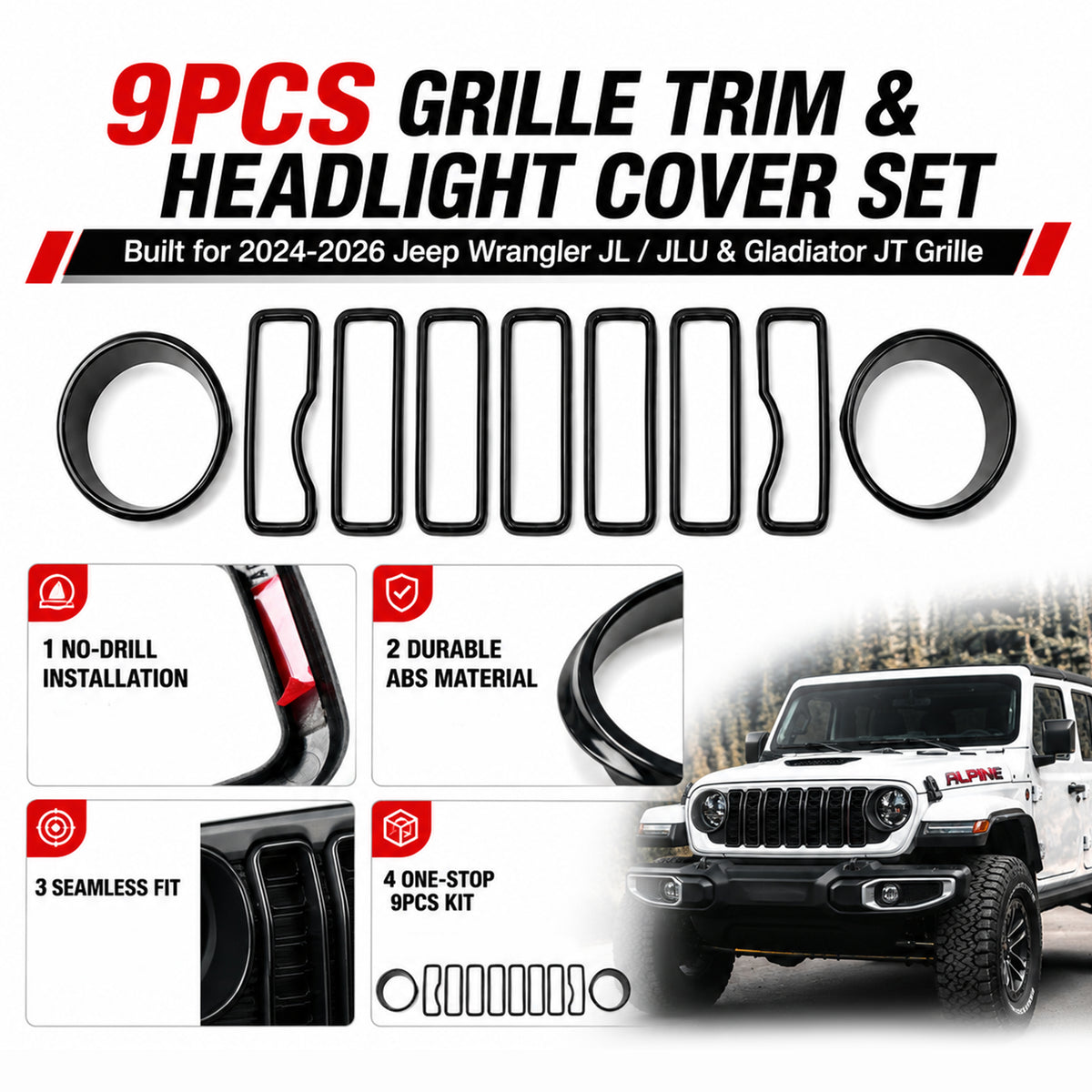 9PCS Grille Inserts for 2024-2026 Jeep Wrangler JL & Gladiator JT – Headlight Cover & Grille Trim Kit (NOT Sport/Sport S/Mojave)