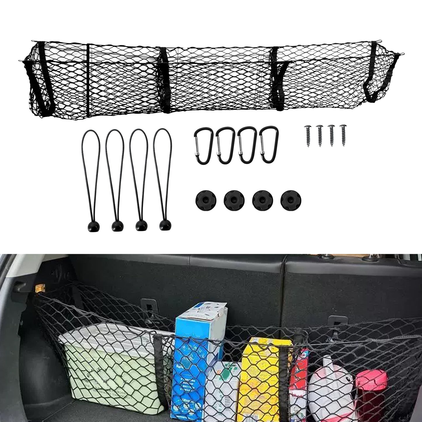 ETL INDUSTRIES 59 Inch Cargo Net Trunk Organizer for Pickup Trucks – Heavy Duty Mesh Storage Net with 3 Pockets, Universal Fit for Ford Dodge GMC Chevy Toyota Nissan Honda