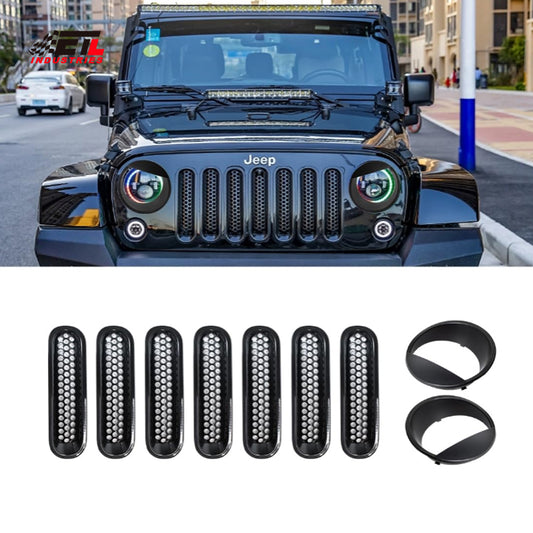 ETL INDUSTRIES Front Mesh Grille Cover Guard Clip-in & Headlight Cover Fits 2007-2017 for Jeep Wrangler JK JKU - Angry Bird Headlight Bezels Trim & Grille Mesh Inserts
