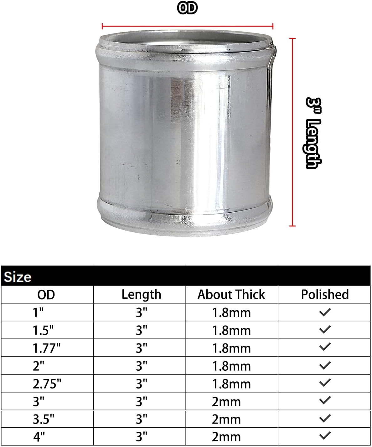ETL INDUSTRIES Universal OD 1.25IHIH(32mm) Aluminum Intake Piping Adapter 3IH(76mm) Length T-6061 Joiner Pipe Connector Tube Air Intercooler Piping