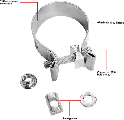 ETL INDUSTRIES 2 Inch Exhaust Clamp, Narrow Band Clamp 304 Stainless Steel Clamp for Muffler, 2 Pcs, Silver