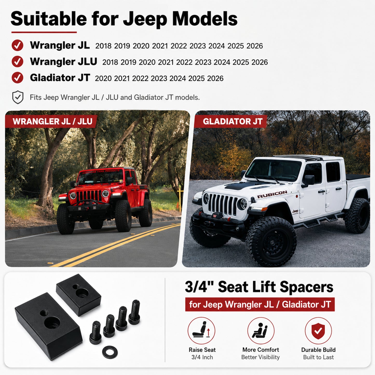 ETL INDUSTRIES Seat Riser Lift for Jeep JL/JT – 3/4" Front Seat Spacer, Tall Driver Comfort