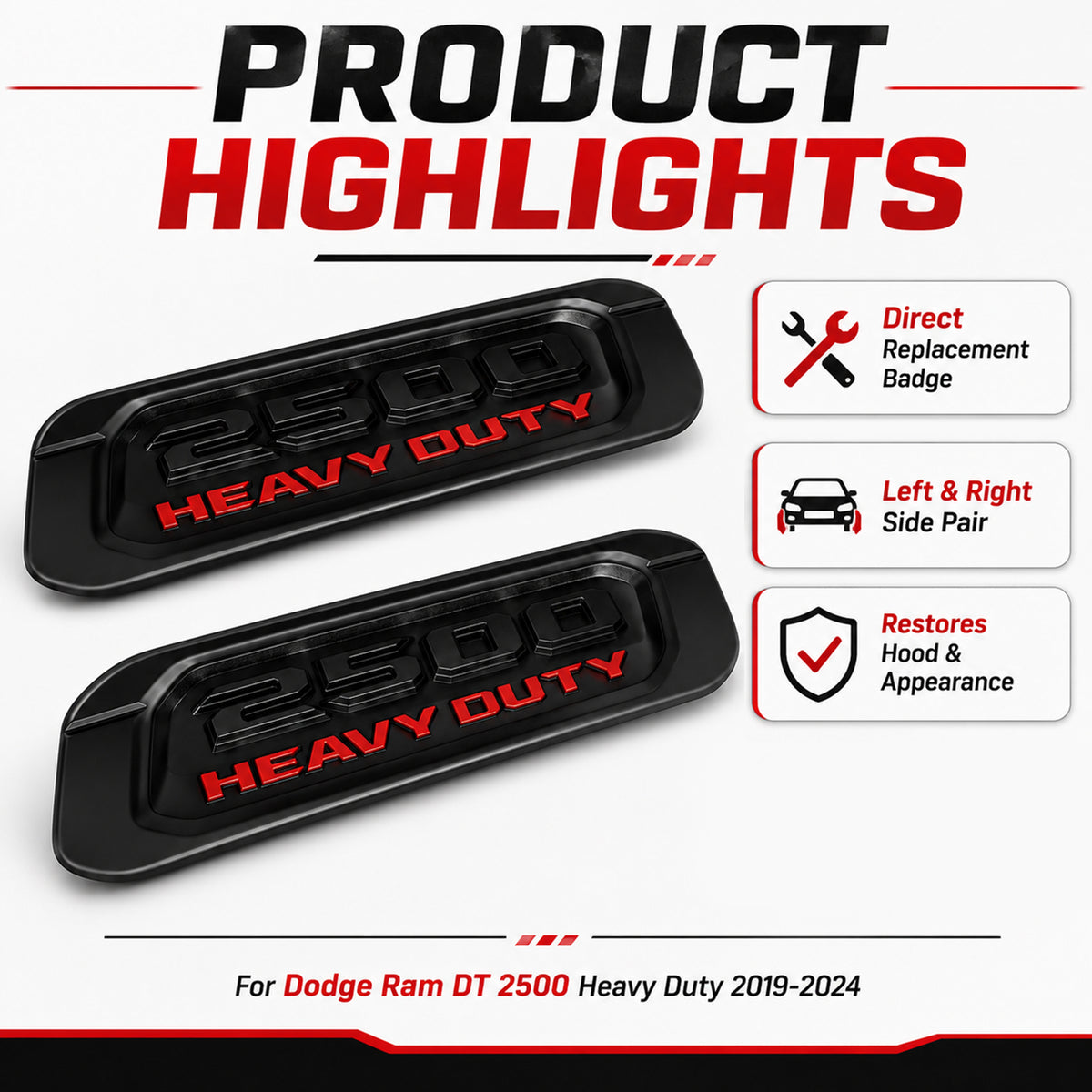 Hood Emblem Badge Replacement for Dodge Ram 2500 Heavy Duty 2019-2024 – Left & Right Pair, Black Bezel