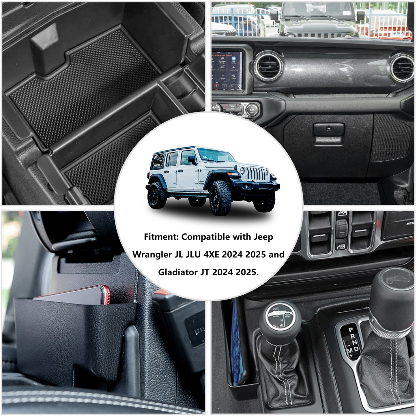 ETL INDUSTRIES 4PCS Center Console Organizer Storage Box for 2024 2025 Jeep Wrangler JL JLU 4XE and Gladiator JT, Gear Shift Console Tray Organizer, Hanging Armrest Storage Box, Co-Pilot Organizer