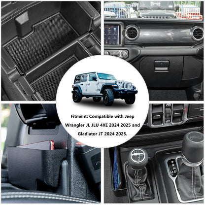 ETL INDUSTRIES 4PCS Center Console Organizer Storage Box for 2024 2025 Jeep Wrangler JL JLU 4XE and Gladiator JT, Gear Shift Console Tray Organizer, Hanging Armrest Storage Box, Co-Pilot Organizer
