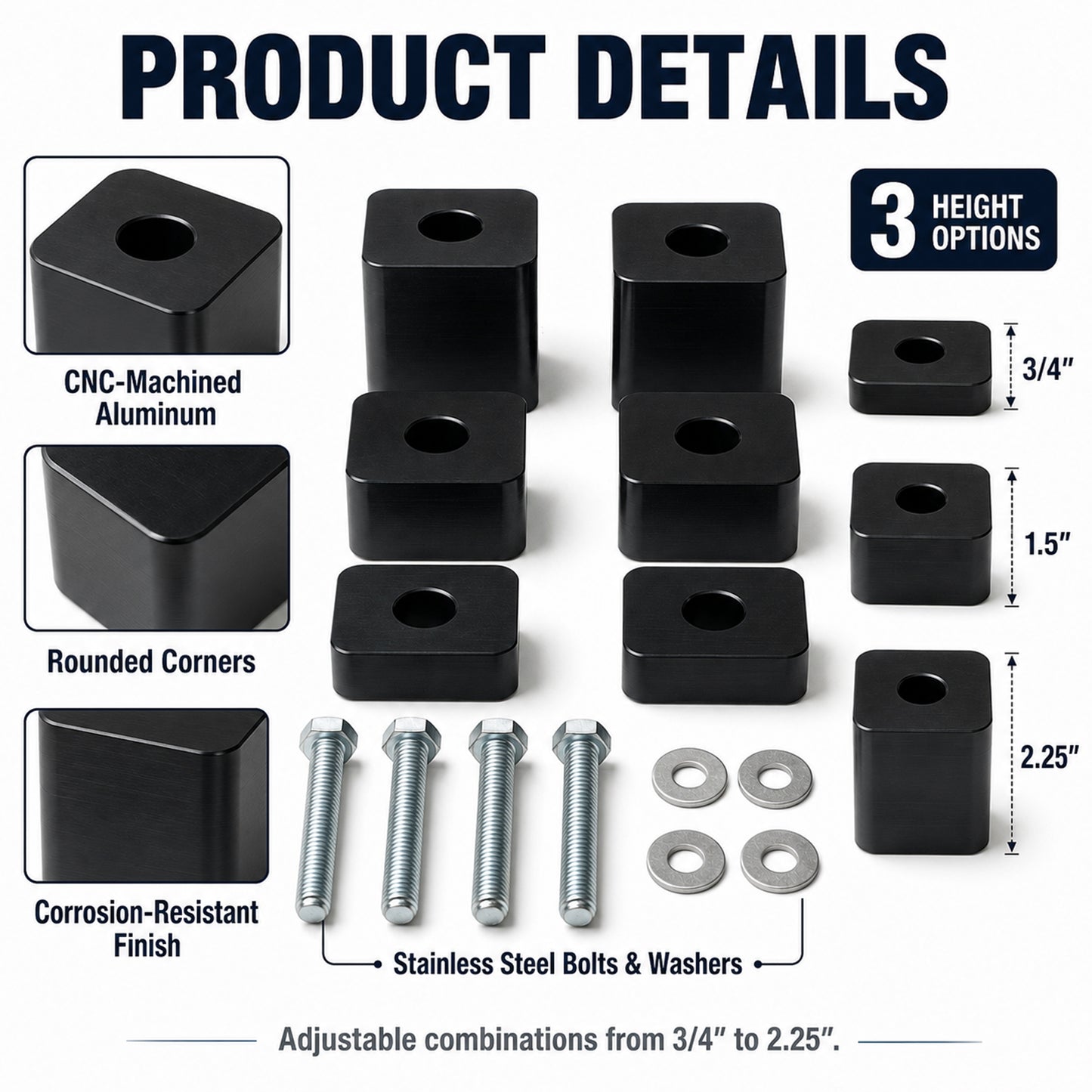 ETL INDUSTRIES Seat Spacers for Ford F150 F250 F350 2015+ – 3/4"-2.25" Adjustable Lift Kit for Front Seats