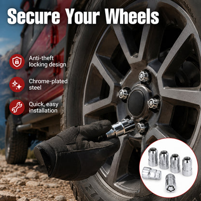 M14 x 1.5 Wheel Lock Set – 5 Locks & 1 Key, Chrome Cone Seat, Anti-Theft Lug Nuts