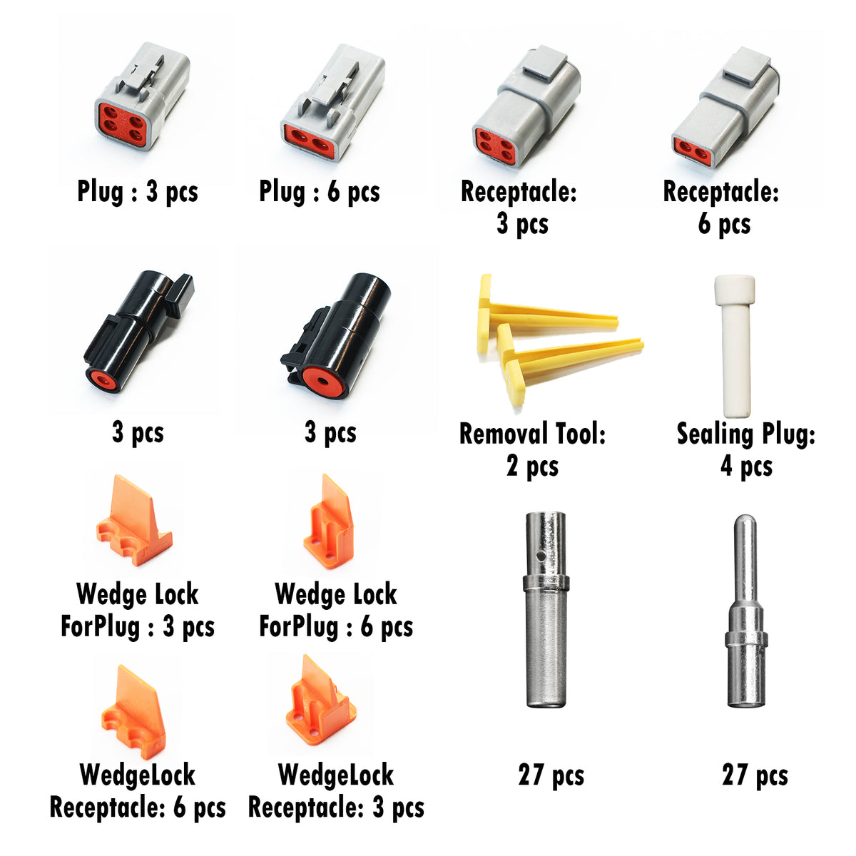 Deutsch DTP DTHD Connector Kit – 1 2 4 Pin, 12-16AWG Solid Pins, Waterproof, with Removal Tool (102 Pcs)