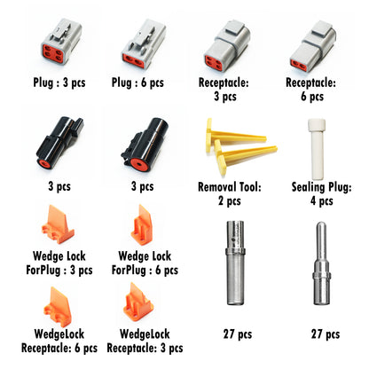 Deutsch DTP DTHD Connector Kit – 1 2 4 Pin, 12-16AWG Solid Pins, Waterproof, with Removal Tool (102 Pcs)