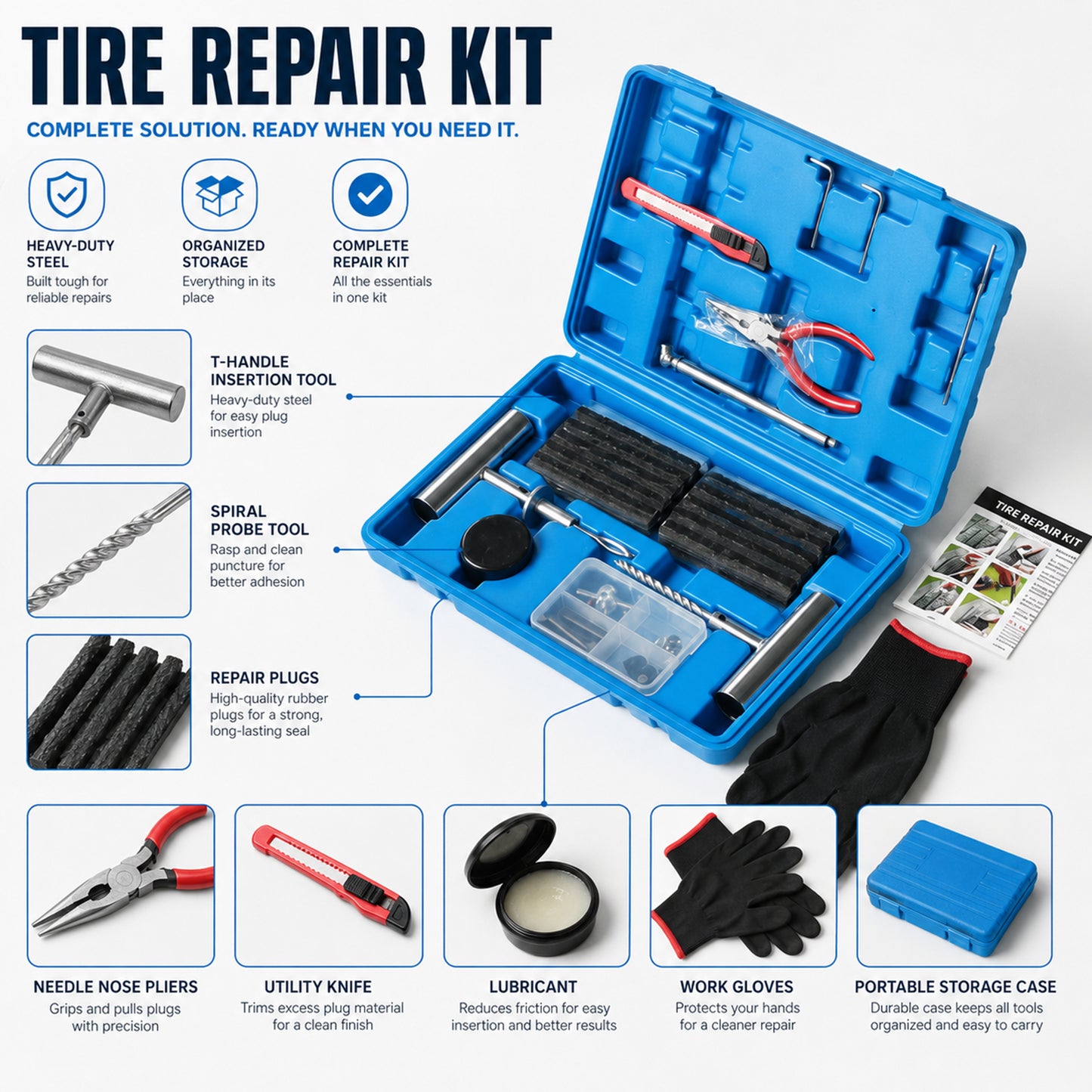 ETL INDUSTRIES 68Pcs Tire Plug Repair Kit – Heavy Duty Flat Tyre Fix Tool Set for Car Truck ATV, with Storage Case