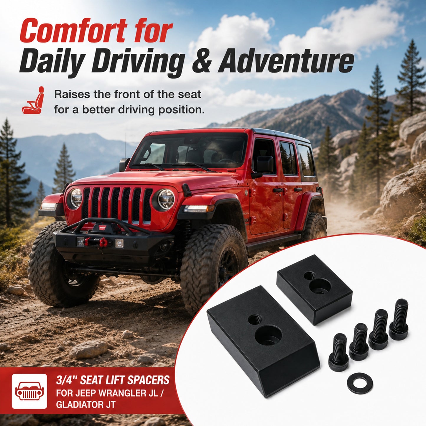 ETL INDUSTRIES Seat Riser Lift for Jeep JL/JT – 3/4" Front Seat Spacer, Tall Driver Comfort