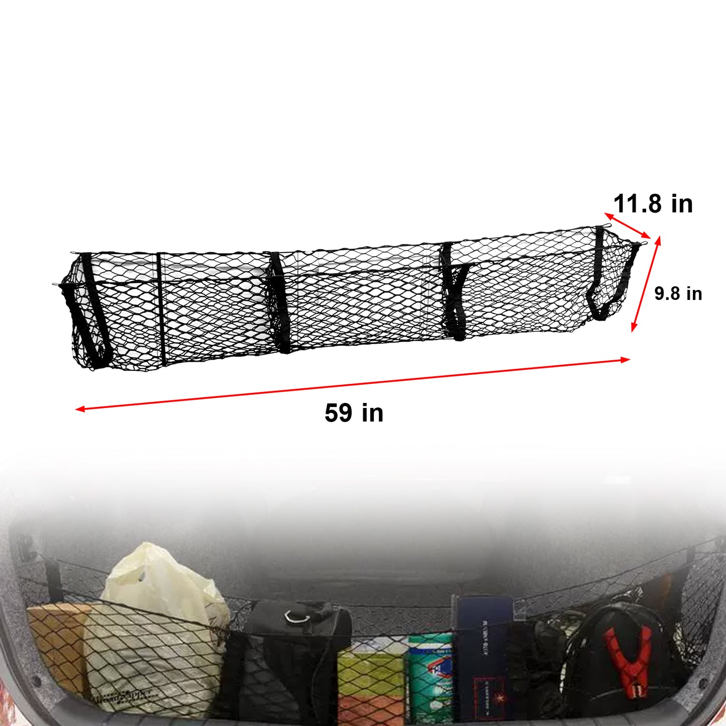 ETL INDUSTRIES 59 Inch Cargo Net Trunk Organizer for Pickup Trucks – Heavy Duty Mesh Storage Net with 3 Pockets, Universal Fit for Ford Dodge GMC Chevy Toyota Nissan Honda