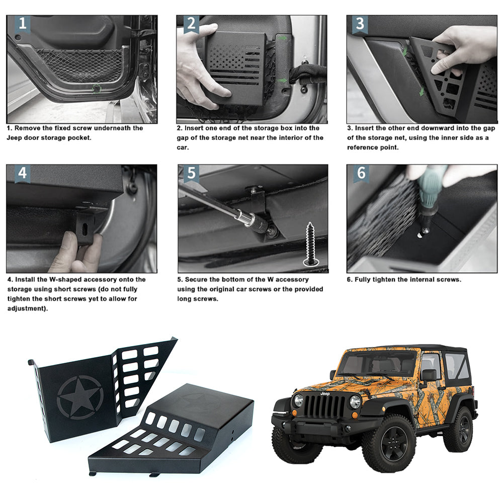 ETL INDUSTRIES Front & Rear Door Storage Box with Cup Holder for Jeep Wrangler JK JKU 2007-2018 – Metal Door Side Insert Organizer, No-Drill Installation