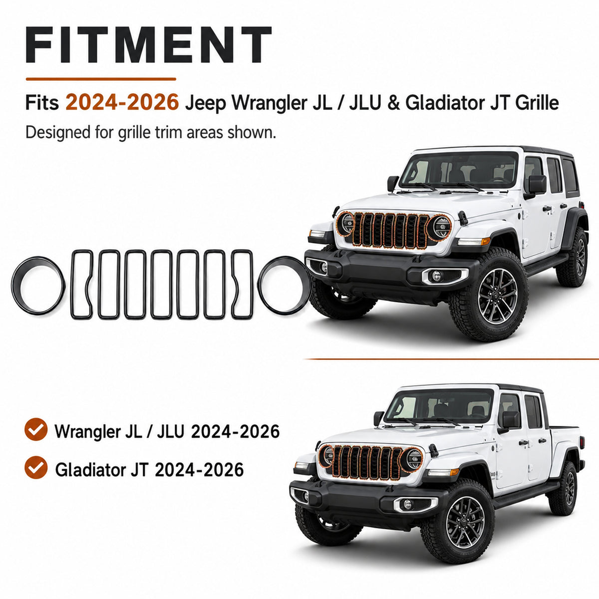 9PCS Grille Inserts for 2024-2026 Jeep Wrangler JL & Gladiator JT – Headlight Cover & Grille Trim Kit (NOT Sport/Sport S/Mojave)