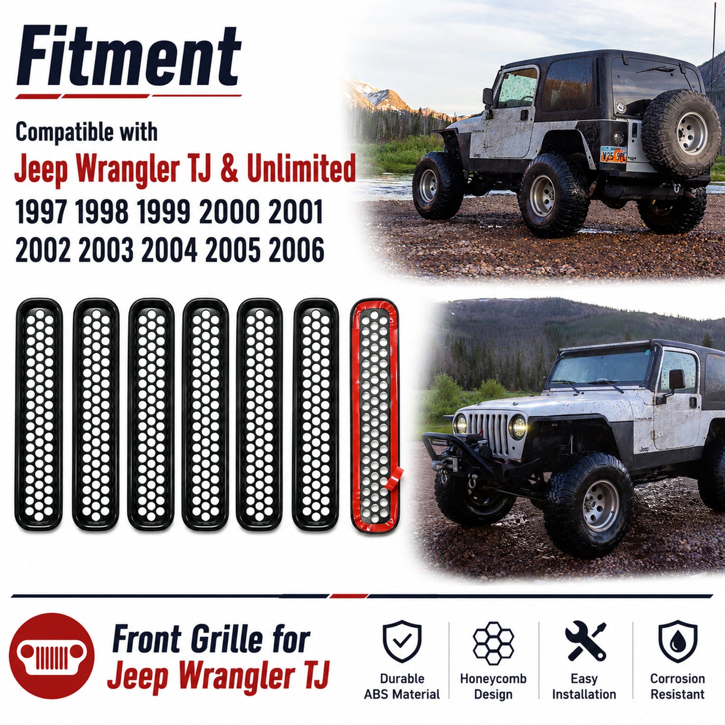 ETL INDUSTRIES Grill Inserts for Jeep TJ 1997-2006 – 7Pcs Honeycomb Grille Guards, Black