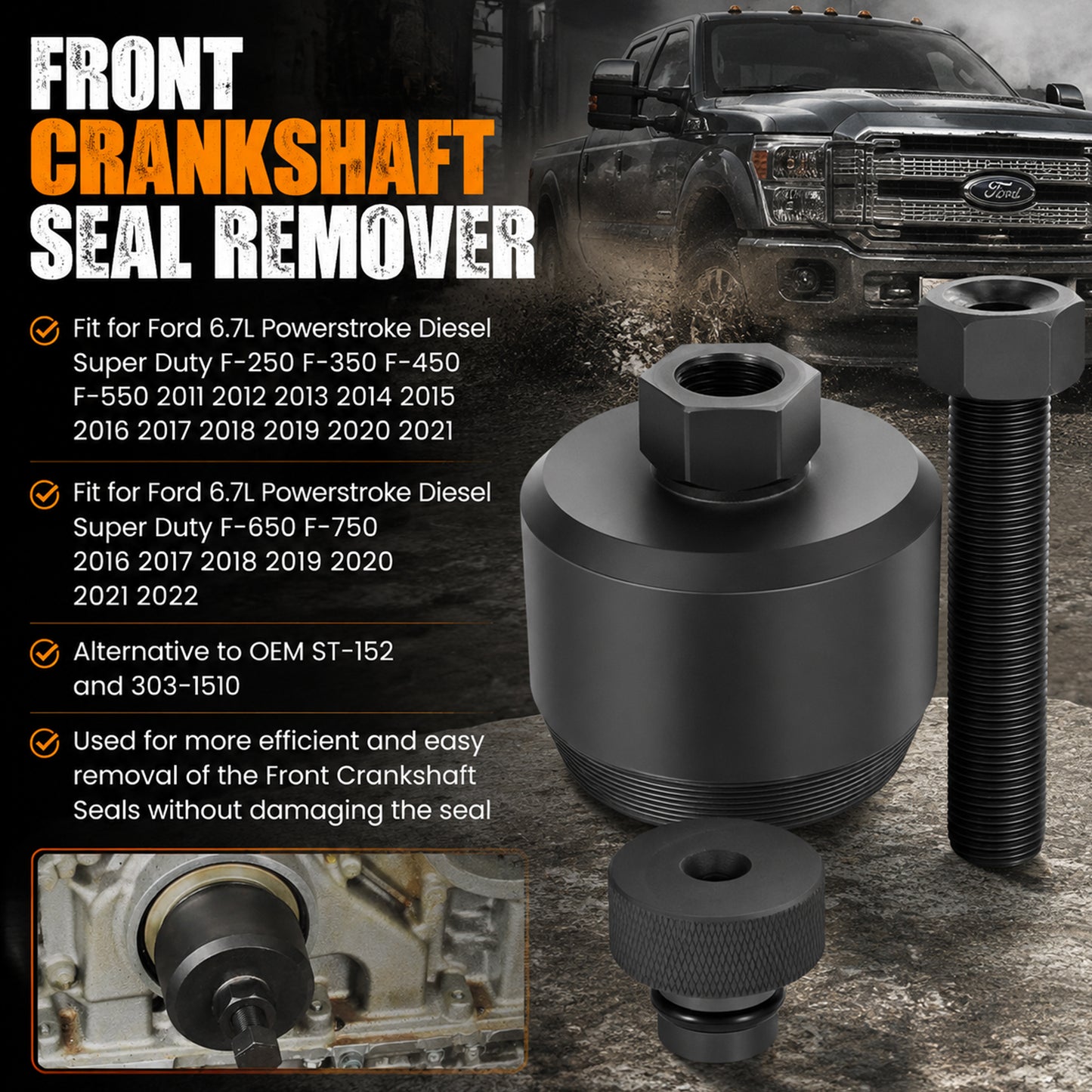ETL INDUSTRIES Crankshaft Seal Tool Kit for Ford 6.7L Powerstroke – Front & Rear Remover Installer Set, 4-Piece