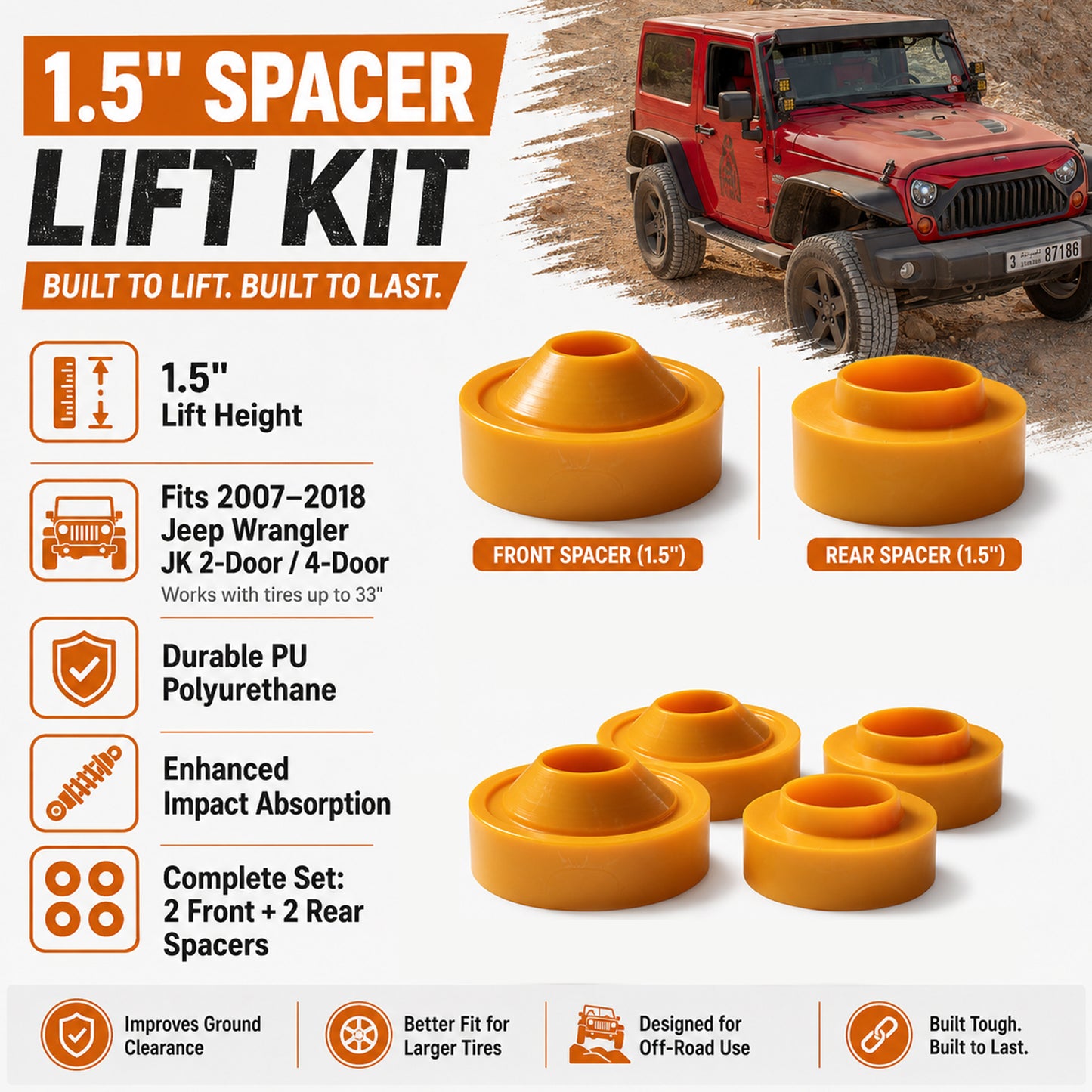 ETL INDUSTRIES 1.5" Lift Kit for Jeep JK 2007-2018 – 4Pcs Spacer Leveling Kit, Front & Rear