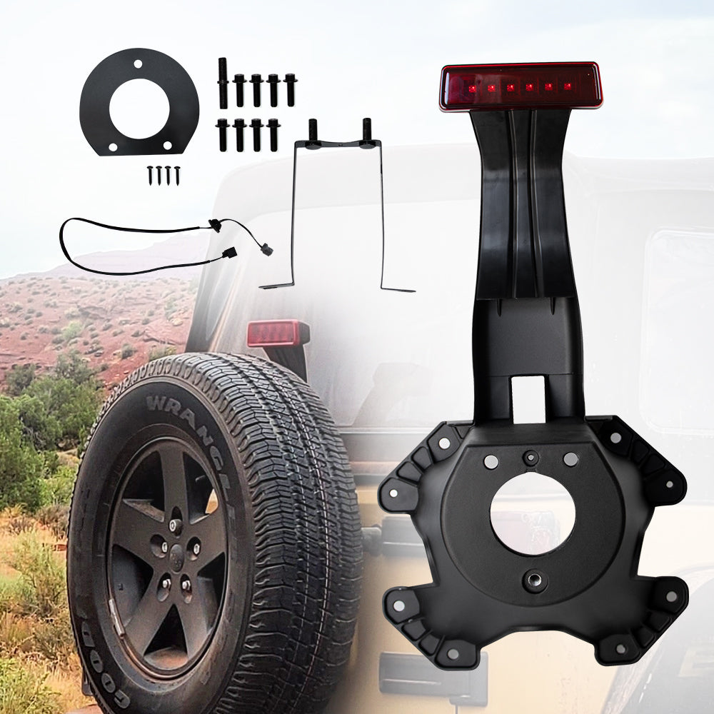 Spare Tire Holder Mounting Bracket Tire Carrier Rack with Screws ＆ Third Center High Mount Brake Light Assembly with Wiring Harness for Jeep Wrangler JK 2007-2018, Replaces # 68048581AA 55397217AJ