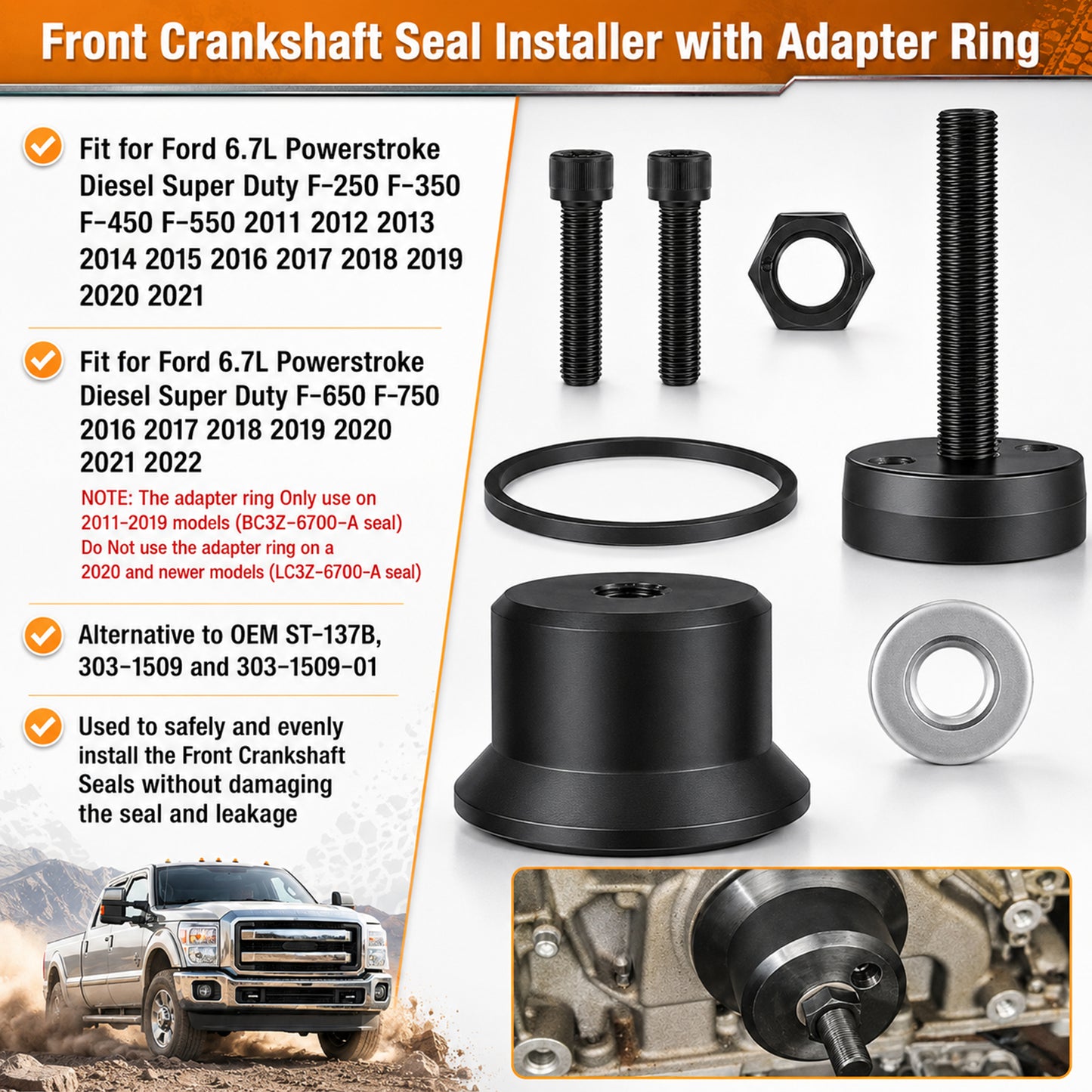 ETL INDUSTRIES Crankshaft Seal Tool Kit for Ford 6.7L Powerstroke – Front & Rear Remover Installer Set, 4-Piece