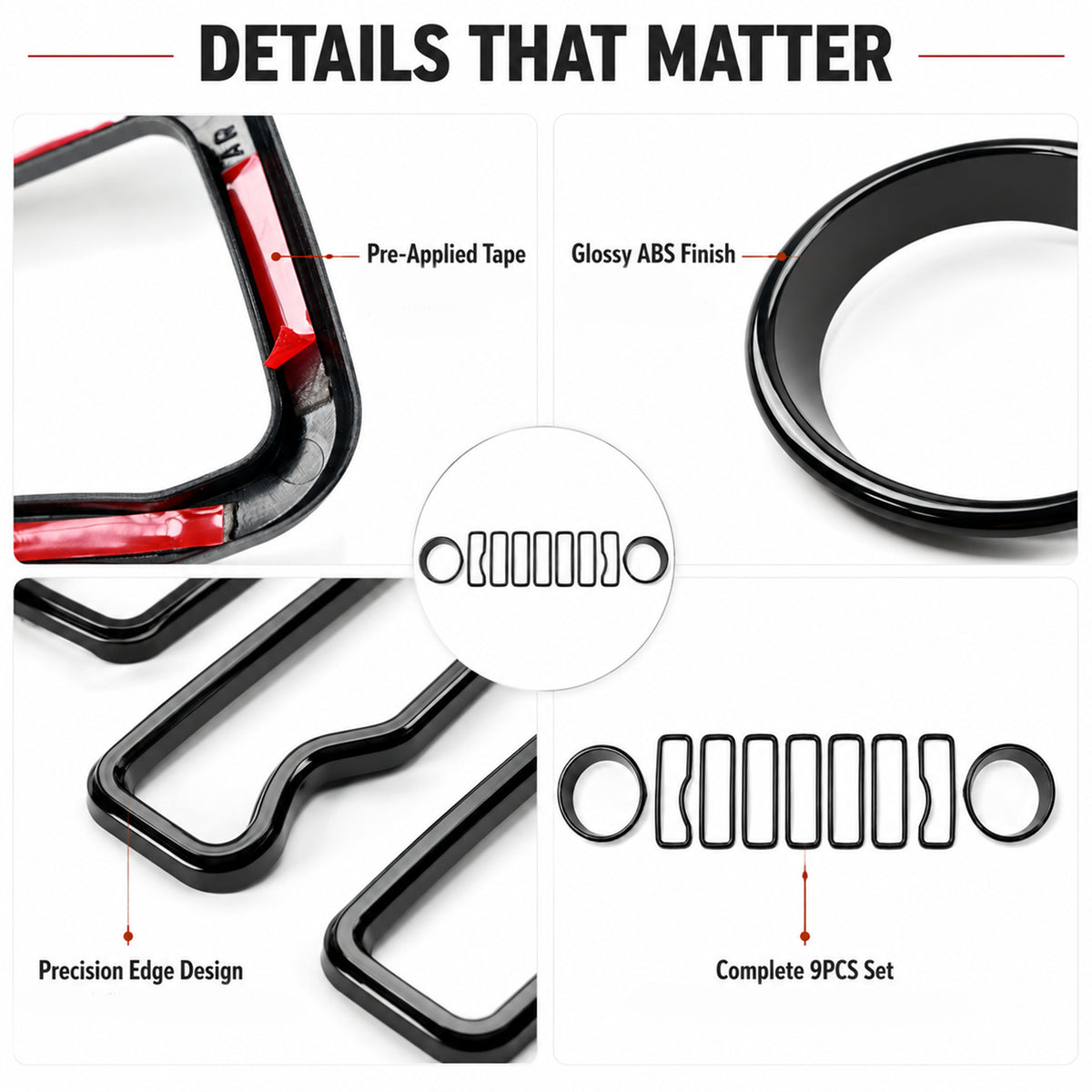 9PCS Grille Inserts for 2024-2026 Jeep Wrangler JL & Gladiator JT – Headlight Cover & Grille Trim Kit (NOT Sport/Sport S/Mojave)