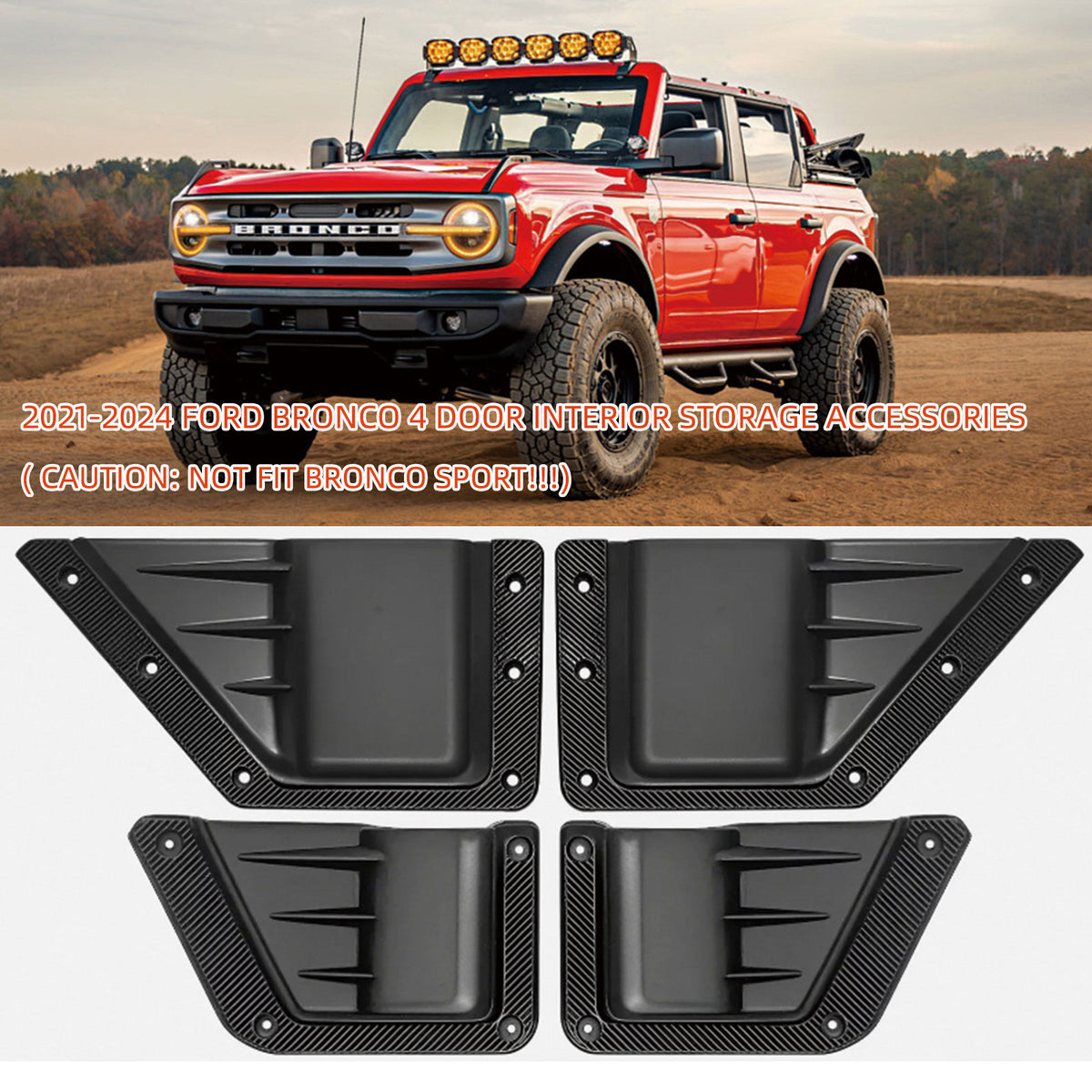 4PCS Front & Rear Door Storage Pockets with Cup Holder for Ford Bronco 2021-2024 4-Door – Drop-in Organizer