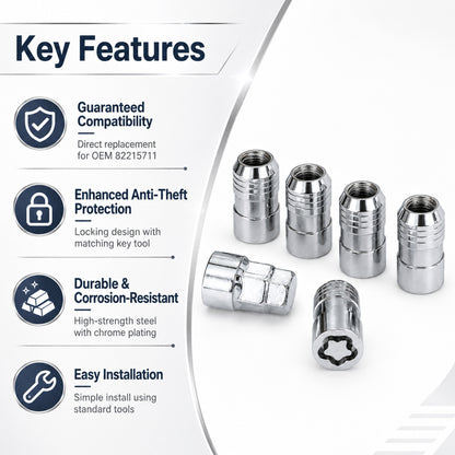 M14 x 1.5 Wheel Lock Set – 5 Locks & 1 Key, Chrome Cone Seat, Anti-Theft Lug Nuts