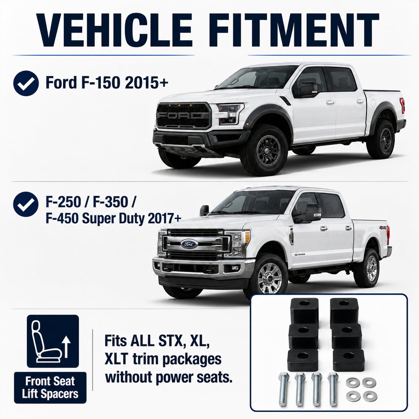 ETL INDUSTRIES Seat Spacers for Ford F150 F250 F350 2015+ – 3/4"-2.25" Adjustable Lift Kit for Front Seats