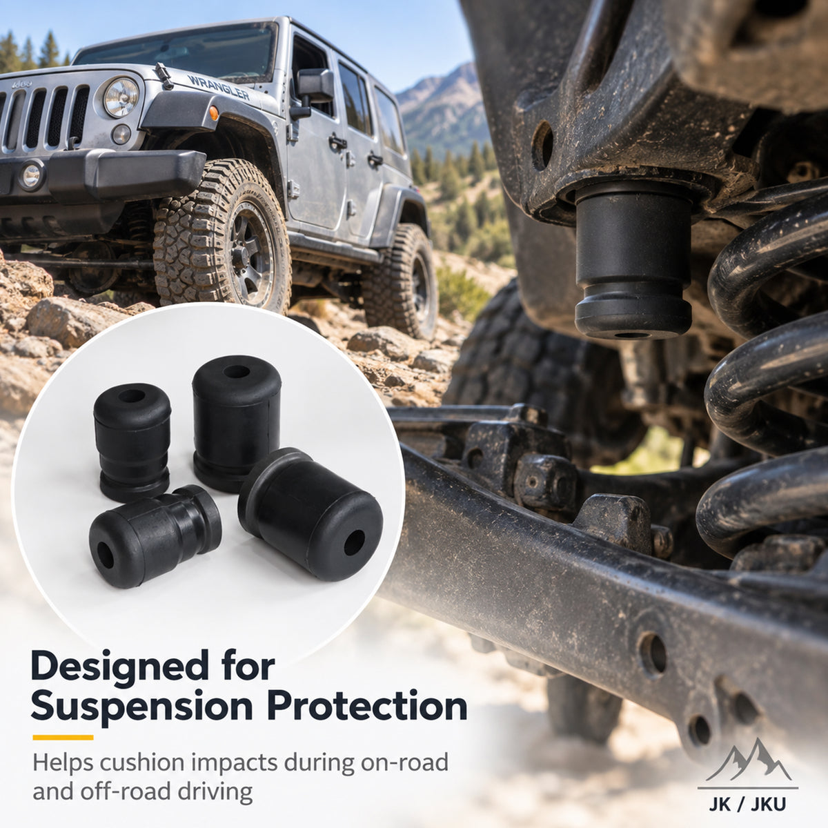 Bump Stop Kit for Jeep Wrangler JK/JKU 2007-2018 – 4PCS Polyurethane Front & Rear (Replaces 1-1303 & 1-1304)