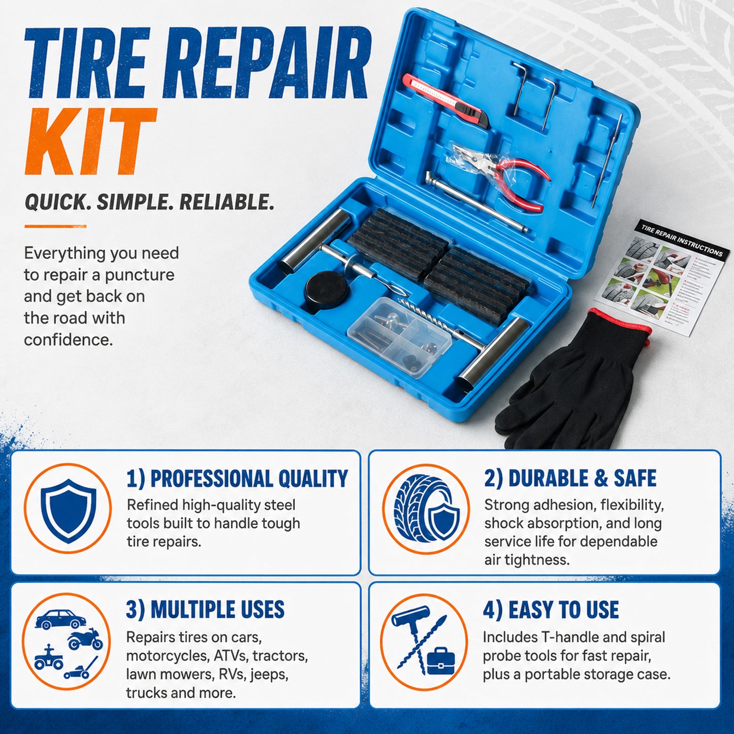 ETL INDUSTRIES 68Pcs Tire Plug Repair Kit – Heavy Duty Flat Tyre Fix Tool Set for Car Truck ATV, with Storage Case
