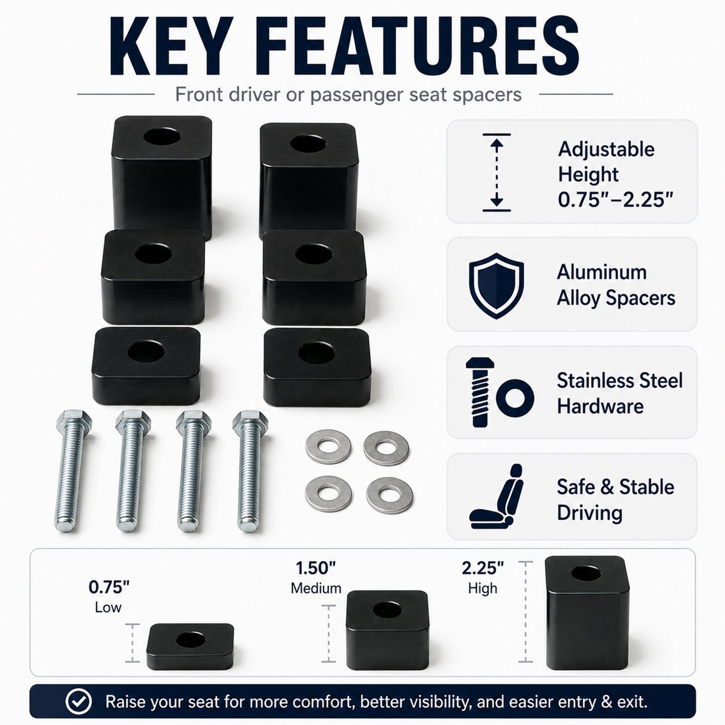 ETL INDUSTRIES Seat Spacers for Ford F150 F250 F350 2015+ – 3/4"-2.25" Adjustable Lift Kit for Front Seats