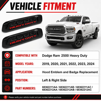 Hood Emblem Badge Replacement for Dodge Ram 2500 Heavy Duty 2019-2024 – Left & Right Pair, Black Bezel