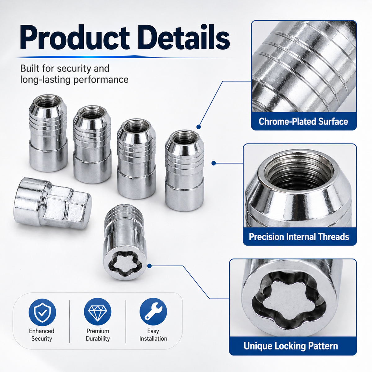 M14 x 1.5 Wheel Lock Set – 5 Locks & 1 Key, Chrome Cone Seat, Anti-Theft Lug Nuts