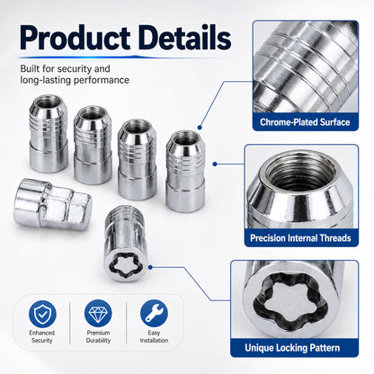 M14 x 1.5 Wheel Lock Set – 5 Locks & 1 Key, Chrome Cone Seat, Anti-Theft Lug Nuts