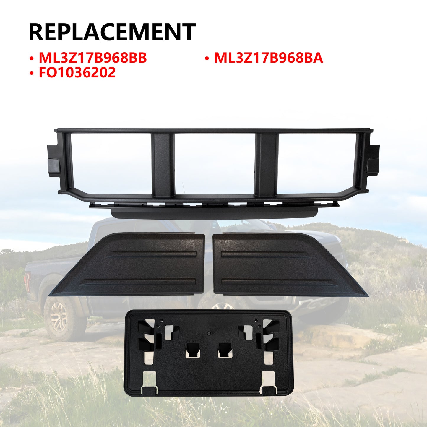 ETL INDUSTRIES Front Bumper Grille, Guards Pads & License Plate Frame Bracket Kit Compatible with Ford F-150 2021-2023 Lower Center Cover Spacer Panel, ML3Z17B968BB ML3Z17B968BA