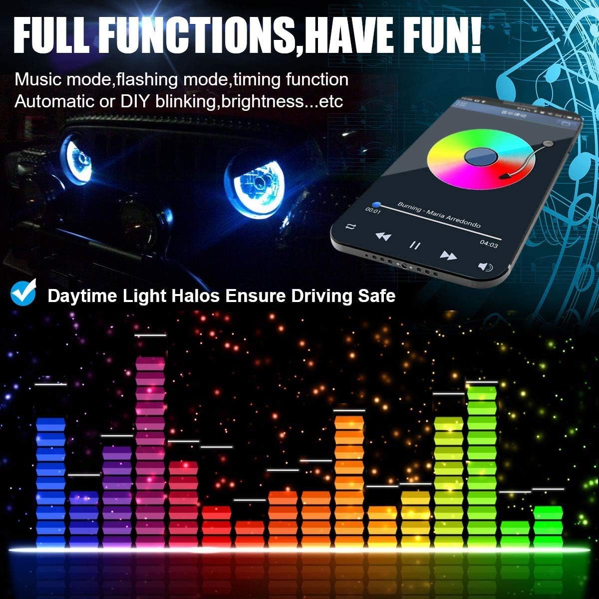 RGB 7" LED Headlight Halo Angel Eye with Bluetooth Remote for Jeep Wrangler 1976-2018 CJ TJ LJ JK(2pcs/set)