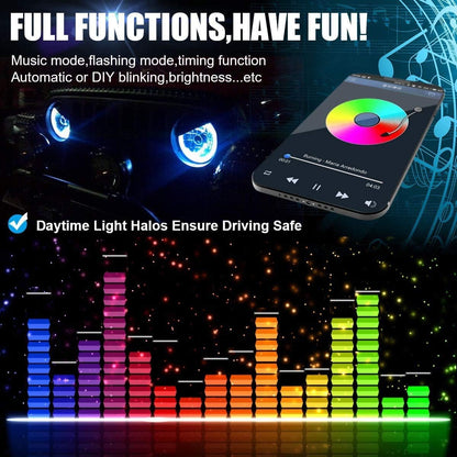 RGB 7" LED Headlight Halo Angel Eye with Bluetooth Remote for Jeep Wrangler 1976-2018 CJ TJ LJ JK(2pcs/set)