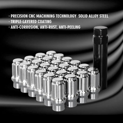 ETL INDUSTRIES M12x1.5 Spline Lug Nuts for Toyota Tacoma 4Runner – 24 Pcs Extended Closed End, Silver, with Socket Key