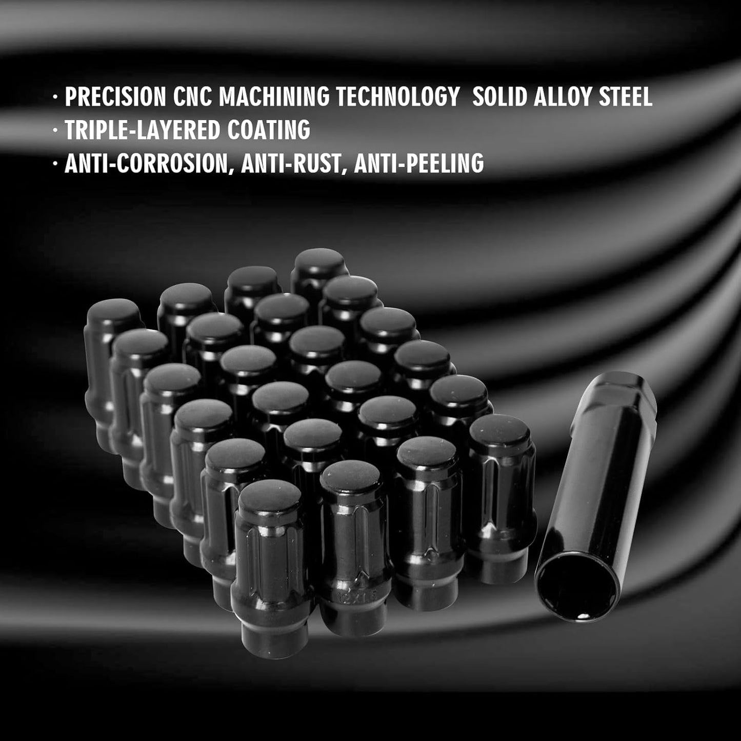 ETL INDUSTRIES M12x1.5 Spline Lug Nuts for Toyota Tacoma 4Runner – 24 Pcs Extended Closed End, Black, with Socket Key