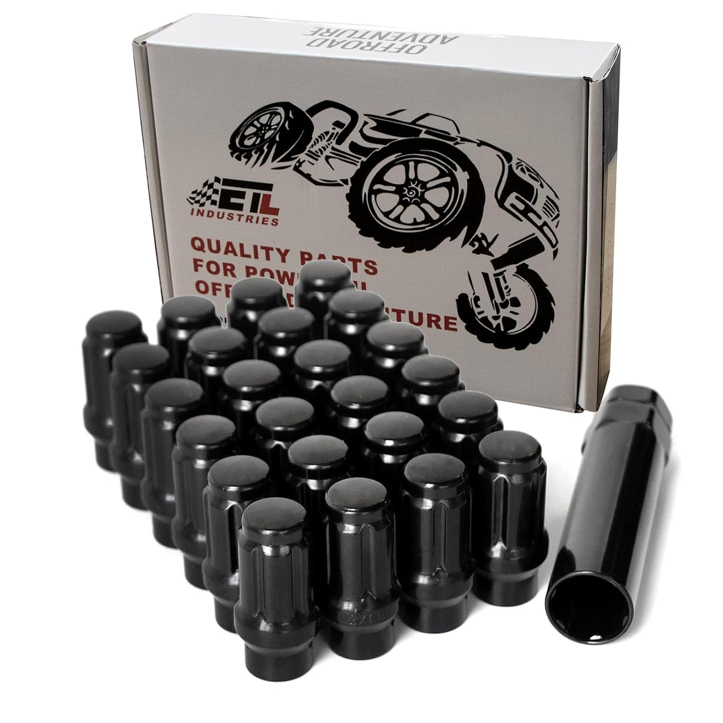 ETL INDUSTRIES M12x1.5 Spline Lug Nuts for Toyota Tacoma 4Runner – 24 Pcs Extended Closed End, Black, with Socket Key