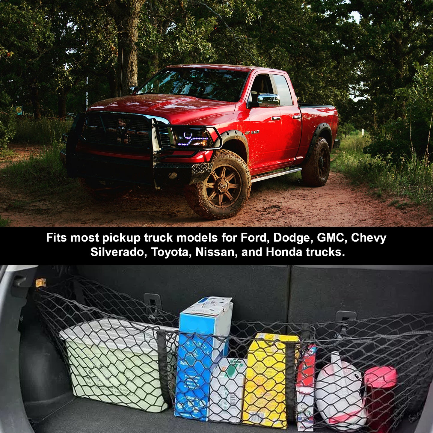 ETL INDUSTRIES 59 Inch Cargo Net Trunk Organizer for Pickup Trucks – Heavy Duty Mesh Storage Net with 3 Pockets, Universal Fit for Ford Dodge GMC Chevy Toyota Nissan Honda