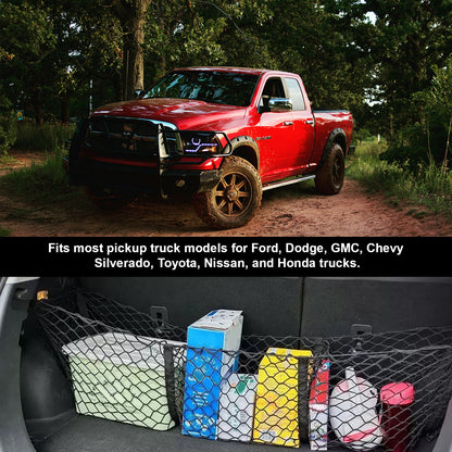 ETL INDUSTRIES 59 Inch Cargo Net Trunk Organizer for Pickup Trucks – Heavy Duty Mesh Storage Net with 3 Pockets, Universal Fit for Ford Dodge GMC Chevy Toyota Nissan Honda